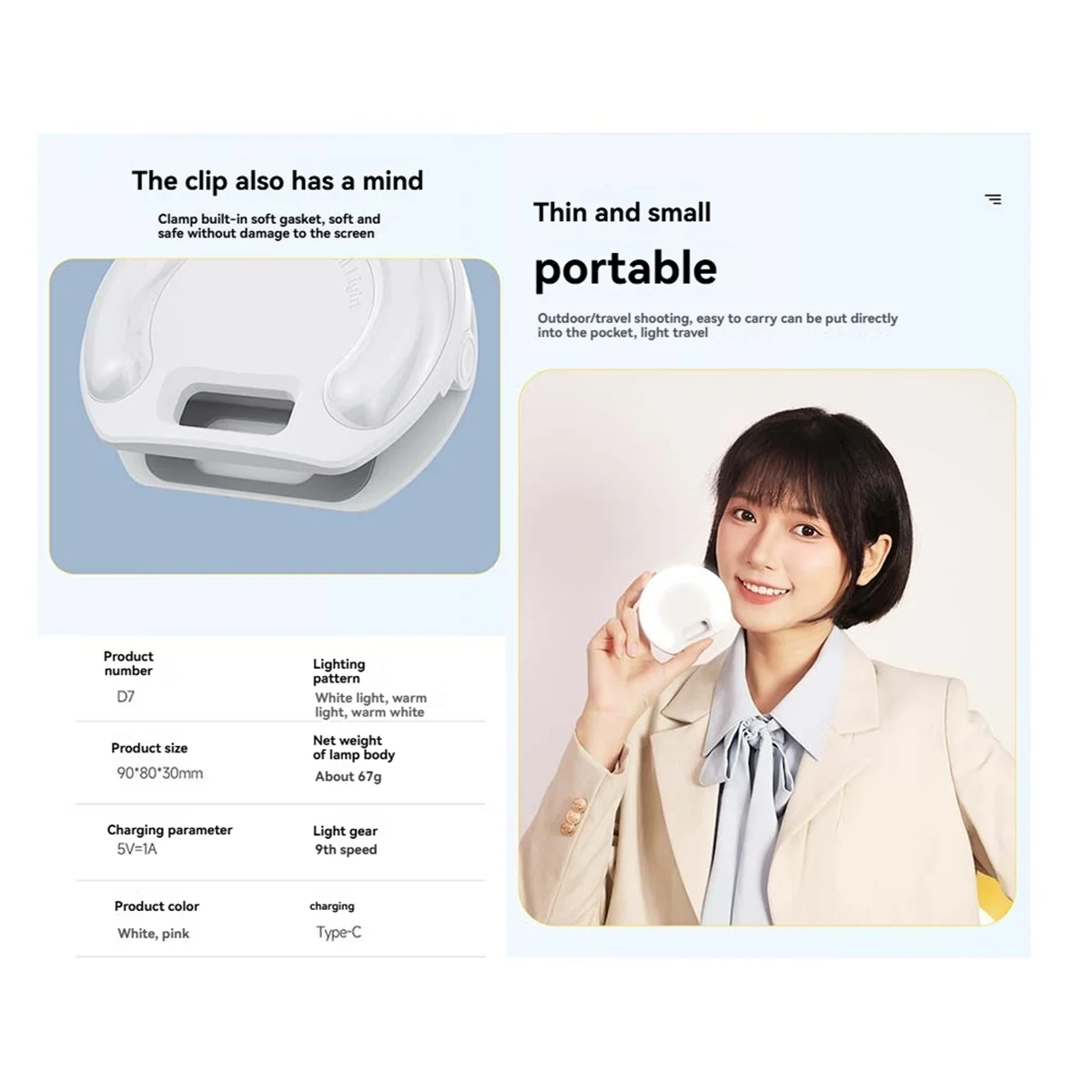 Anillo de luz AAA87 para Selfie, luz con Clip para teléfono móvil, anillo de luz, lámpara para fotografía y vídeo, linterna, luz trasera, carga USB A