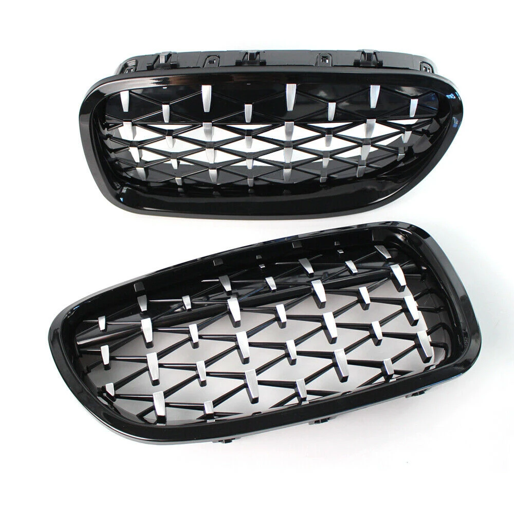 1 Pair Fit 10-16 BMW 5 Series F10 Base Sedan F11 Wagon M5 Modified Upgraded Diamond Grill Grille Front Kidney Stripe Glossy