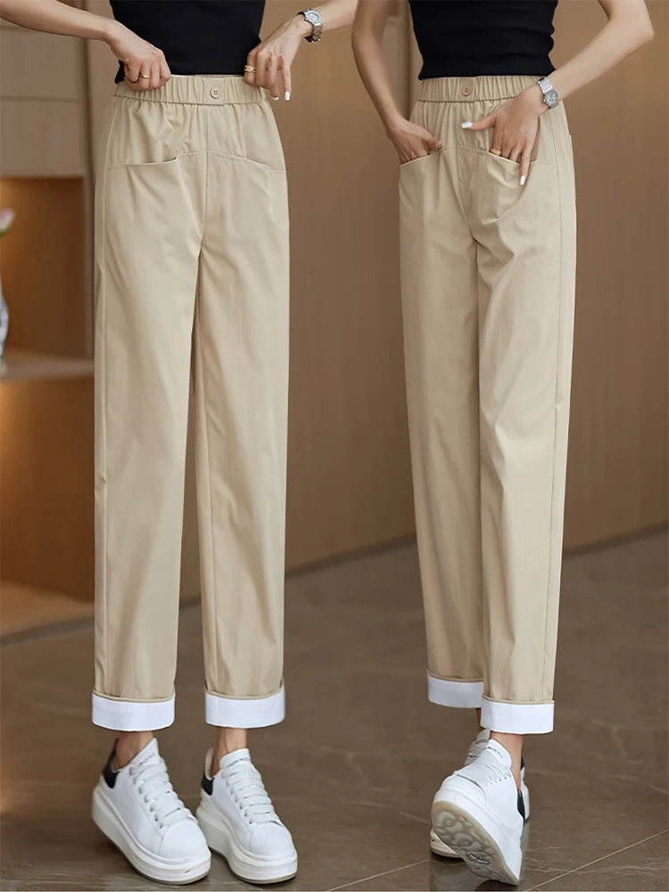 

Slimming High Waist Loose Fit Straight Leg Harem Pants Women's Summer Thin New Style Elastic Waist Casual Straight Tube Pants