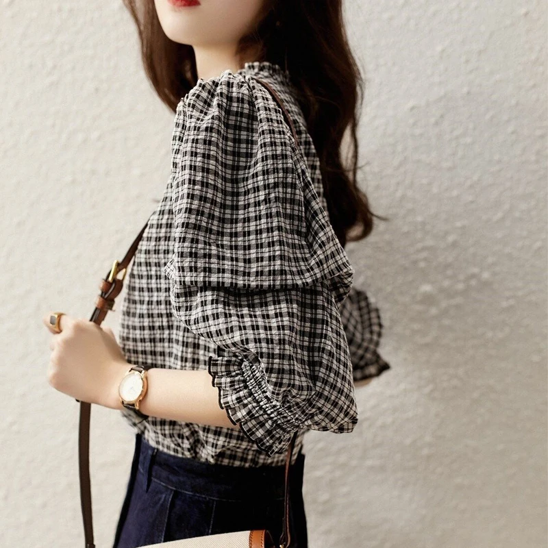 Women Clothing Ruffled Plaid Print Chic Sweet Vintage Blouse Summer Trendy Half Sleeve Loose Street Shirts Casual All Match Tops