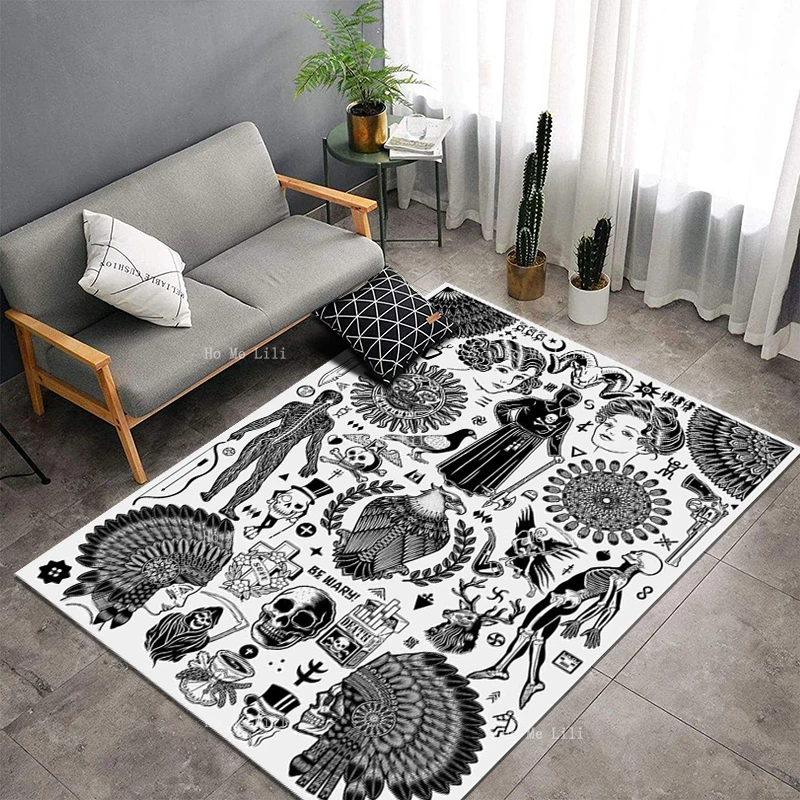 Traditional Occult Tattoo Skulls Indians Dark Sheep's Head Skull Terror Flannel Carpet By Ho Me Lili For Home Floor Decor Rug