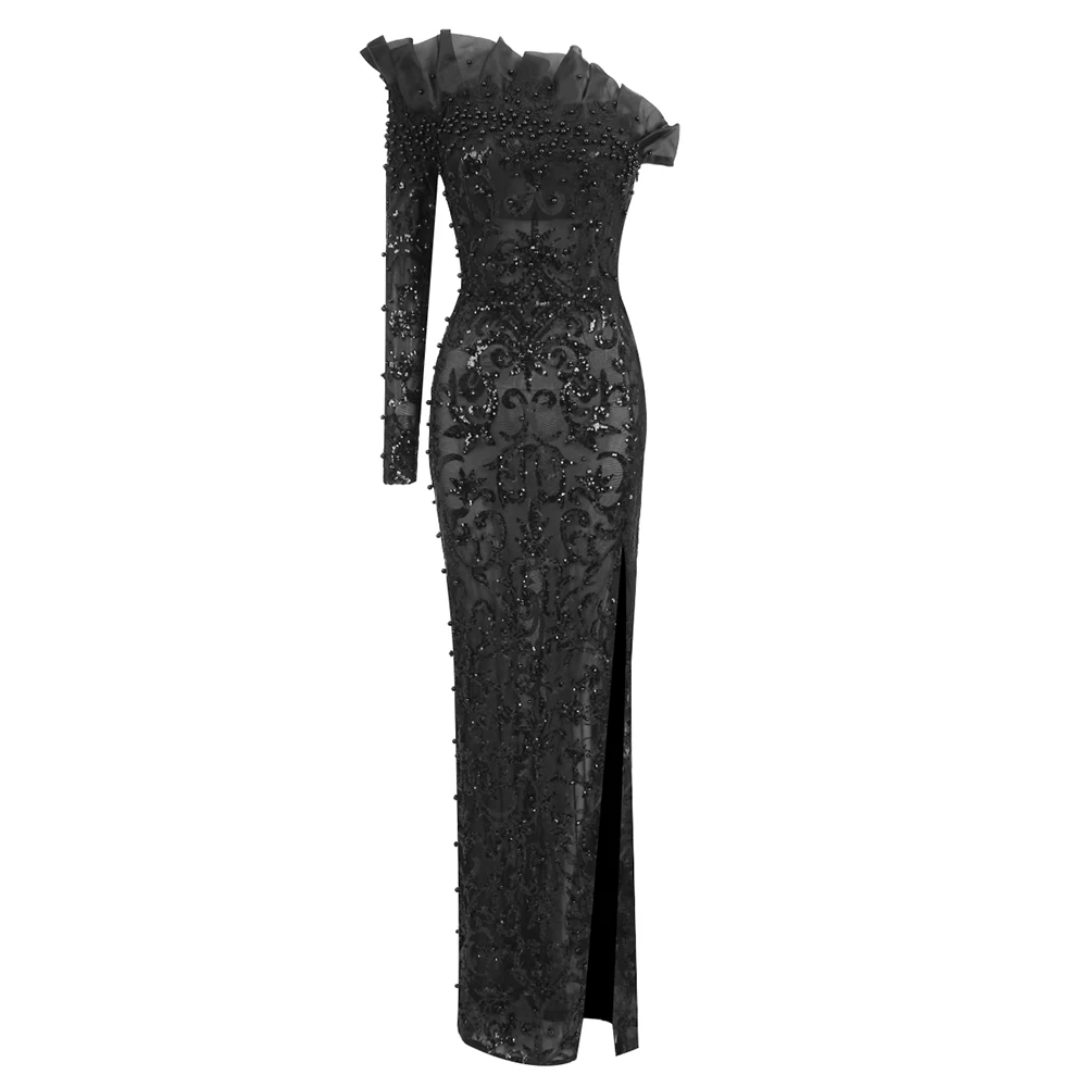 فستان أسود طويل بأكمام واحدة مفتوح الساق للنساء مزين بالترتر واللؤلؤ ومطرز ماكسي للحفلات الراقصة والمشاهير والحفلات المسائية #6
