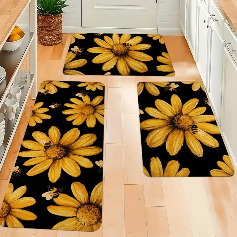 

Ковер с узором подсолнухов и маргариток, черно-желтый, с цветочным принтом, кухонный коврик с пчелиным мотивом, мягкий, нескользящий, для гостиной и столовой, декоративный.