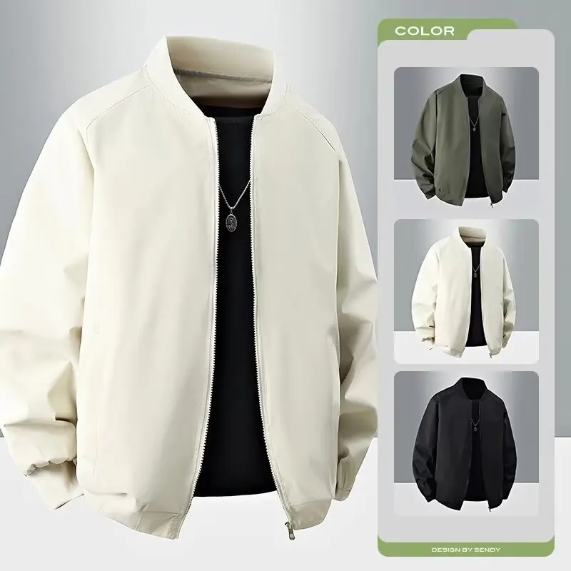 American Style Vintage New Fashion Men O-neck Zipper Long Sleeve Solid Color Simple Basic Daily Jackets Male Coats Top Clothes