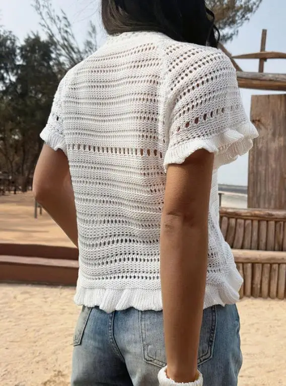 

Top Women 2026 Spring Summer New Solid Color Round Neck Short Sleeve Vacation Hollow Beach Casual Daily T-Shirt Top