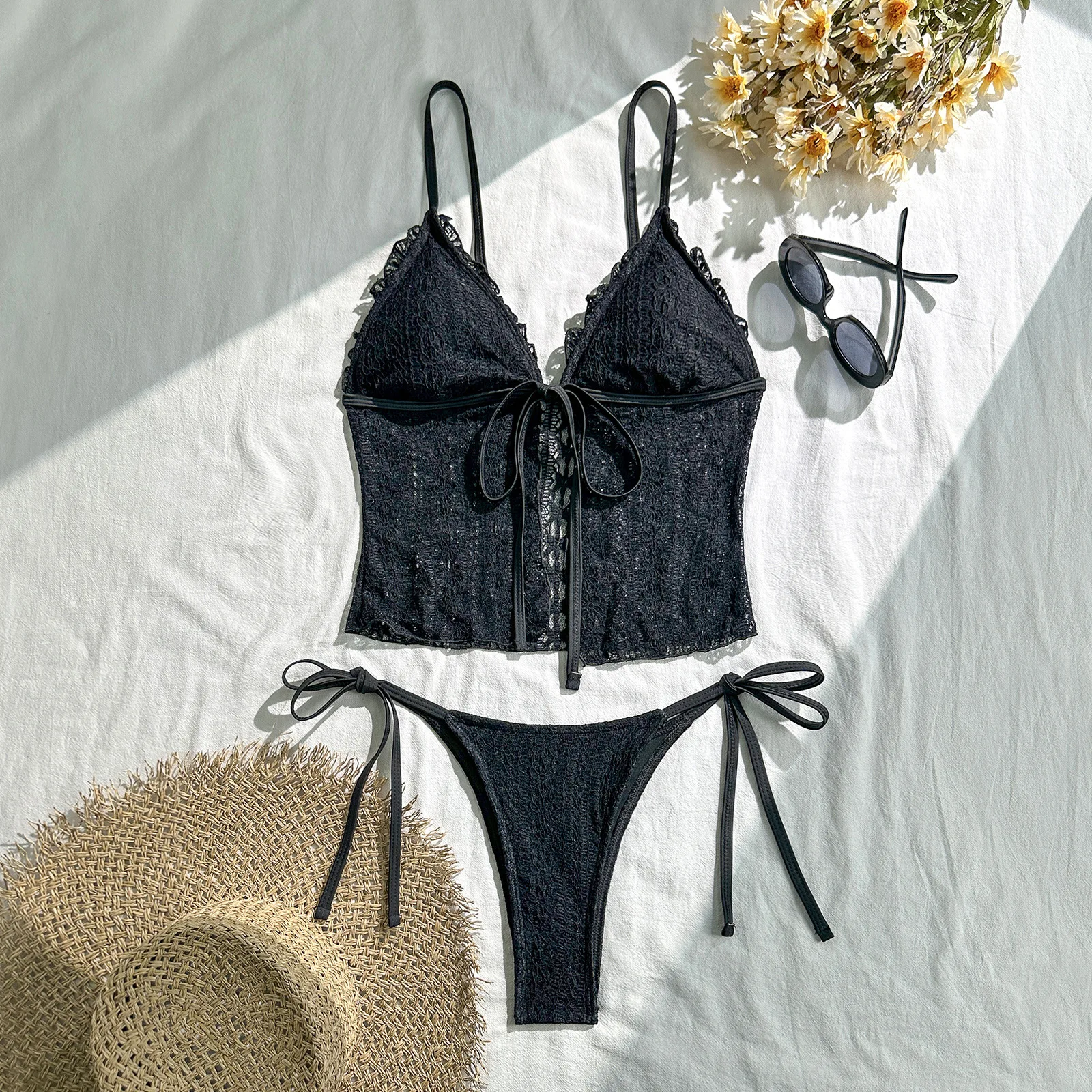 sexy plain lace bikinis sets two pieces tie bow vest swimsuits beachwear bathing suit swimwear biquini tankini