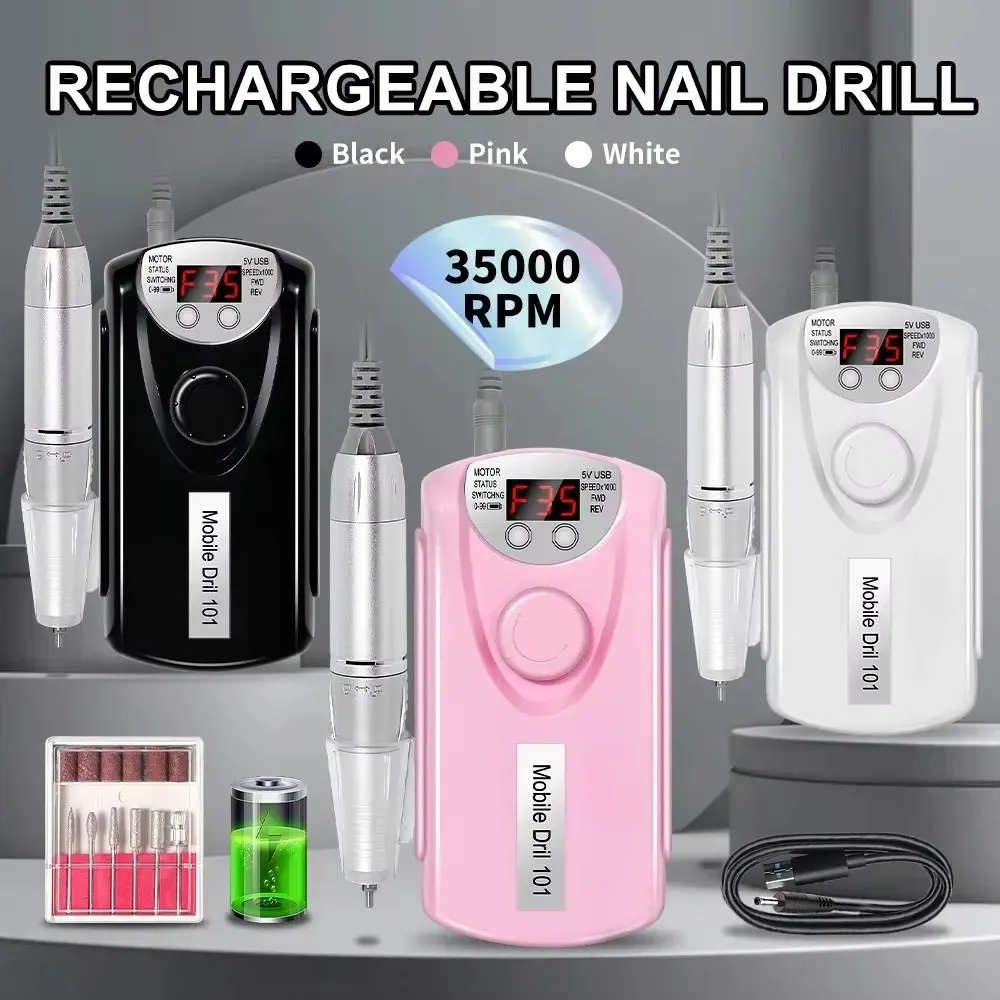 New 35000RPM Nail Drill Machine Rechargeable Manicure Professional Electric Nail Drills Low Noise Motor Polishe Sander for Nails