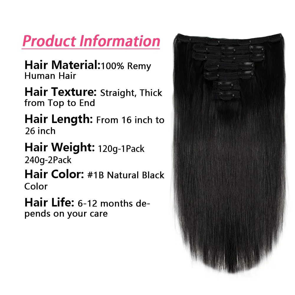 Clip In Hair Extension Human Hair Straight #1B Seamless Clip Ins Hair Extension Natural Color 18 20 22 Inch Full Head 8pcs/set