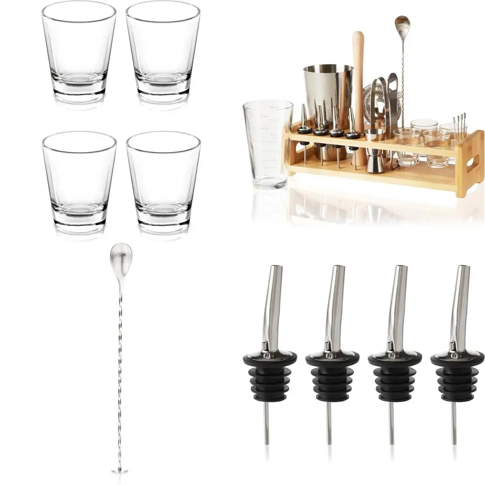 

Полный набор для приготовления коктейлей из 20 предметов с деревянной подставкой: Бостонский шейкер, стакан для смешивания, мадлер, джиггер, стрейнер для создания коктейлей дома.