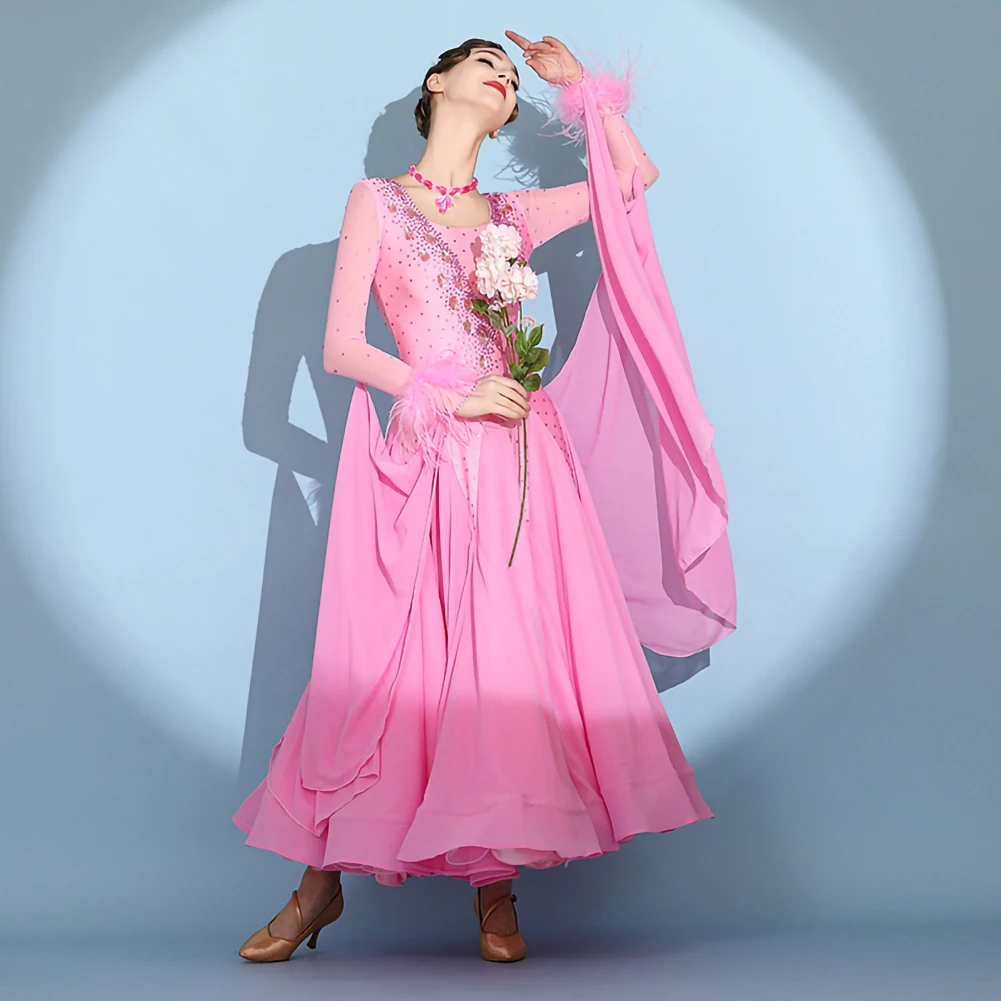 

High Quality Ballroom Dress Waltz Pink Elegant Rhinestone Stage Show Modern Competition Dress Dance Costume