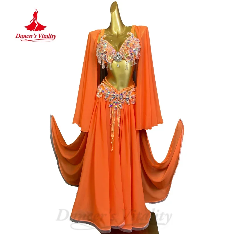 Belly Dance Costume Set for Women's Customized Senior AB Stones Bra+Chiffon Tassel Long Skirt 2pcs Dancer Competition Clothing