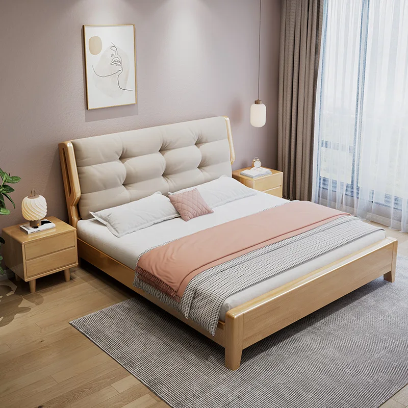 Nordic solid wood soft cloud bed, Japanese master bedroom 1.8m double bed, log 1.2 single, wabi sandy wind