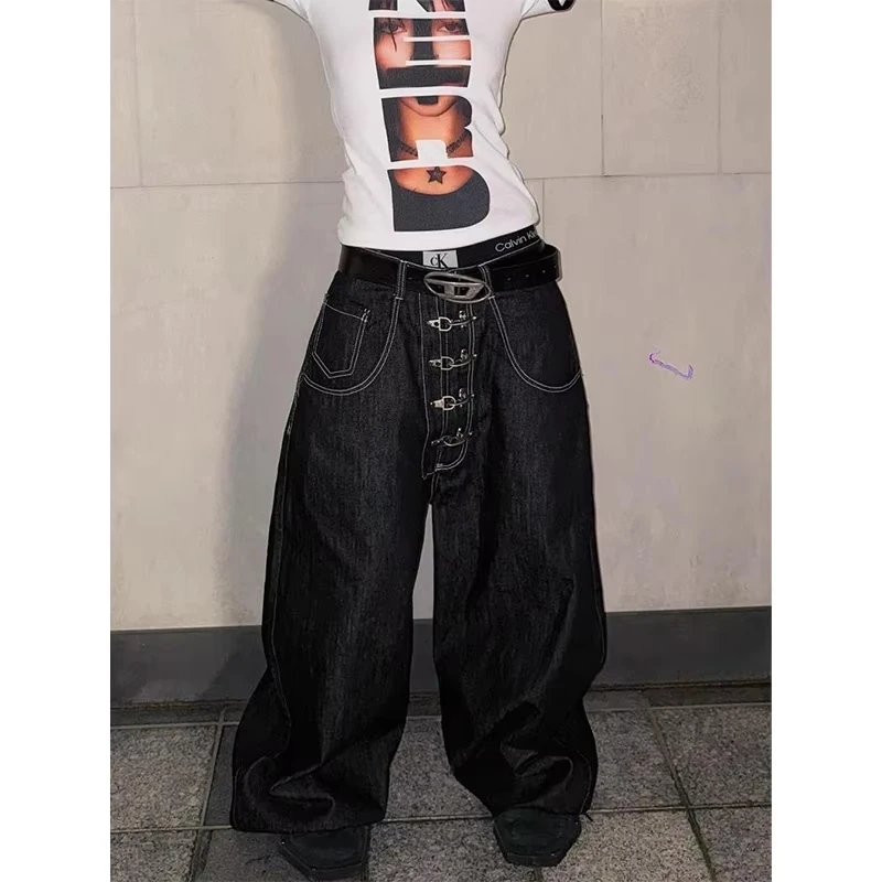 

Women’s Metal Buckle Design Curved Wide-leg Jeans High Waist Straight Baggy Denim Pants Female Vintage Street Style Trouser
