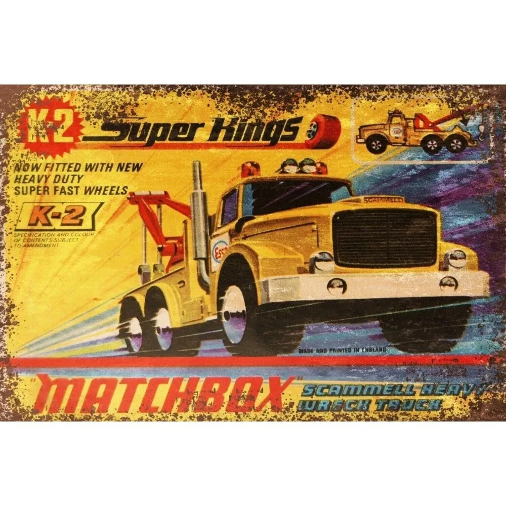 

MatchboxSuperKingsPro Винтажная металлическая вывеска в стиле ретро — Декор «Человек-пещера и гараж» — вневременная литая под давлением грузовик, реклама искусства