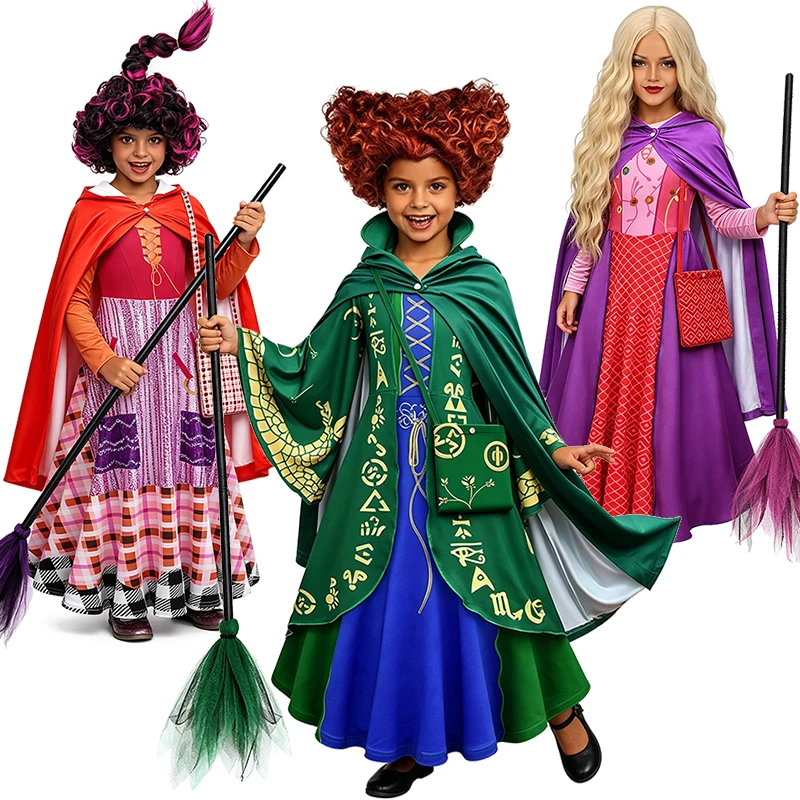 Hocus Pocus Demon Witch Girls Outfit Halloween Cosplay Sanderson Sister Masquerade Children Costume Festival Party Kids Clothes