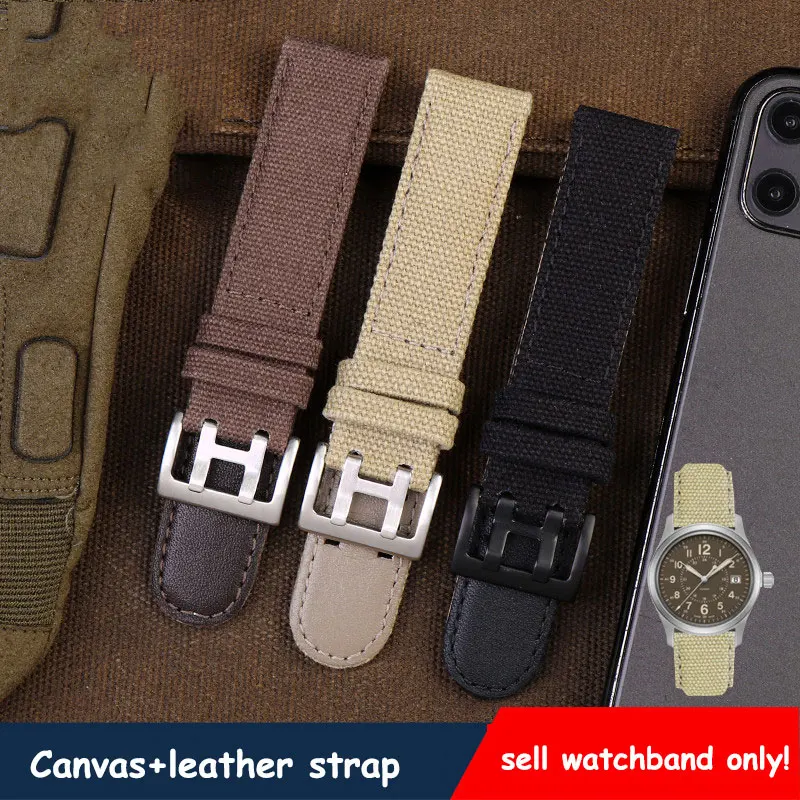 Canvas watchband for Hamilton khaki /aviation/ field outdoor sports nylon+cowhide strap 20mm 22mm black/khaki/brown