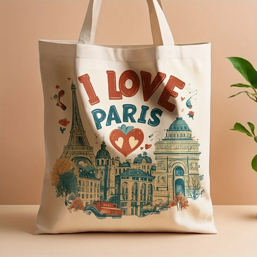 1pc Paris Landmarks Canvas Tote Bag - Reusable Grocery Bags (35.05cm x 40.13cm), Stylish Shoulder Bag for Daily Shopping, Travel