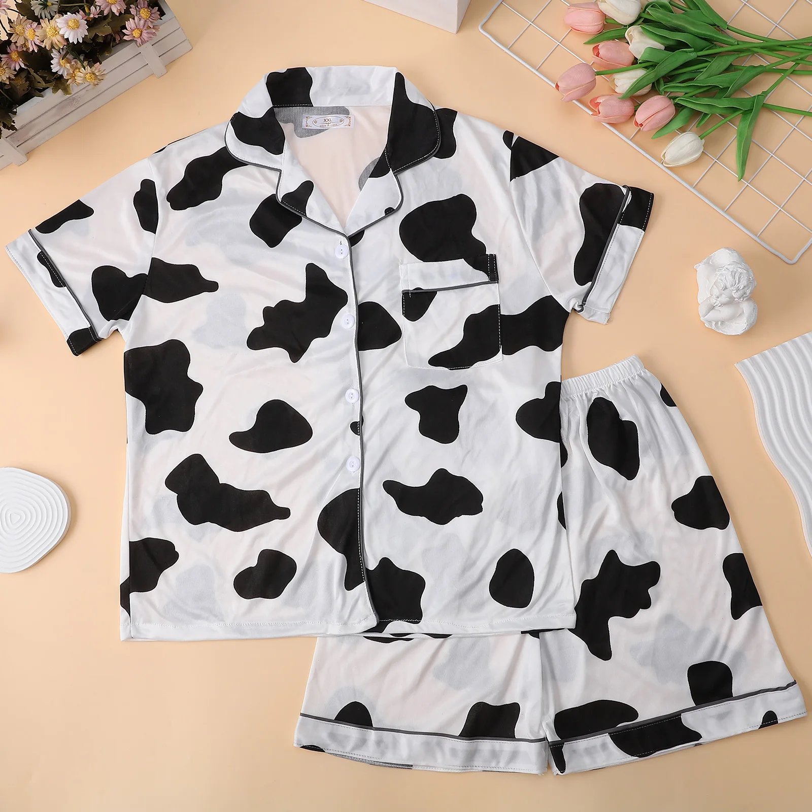 Летние женские пижамы из чистого хлопка с коровьим узором, удобная одежда для сна, повседневный комплект домашней одежды, шорты с короткими рукавами