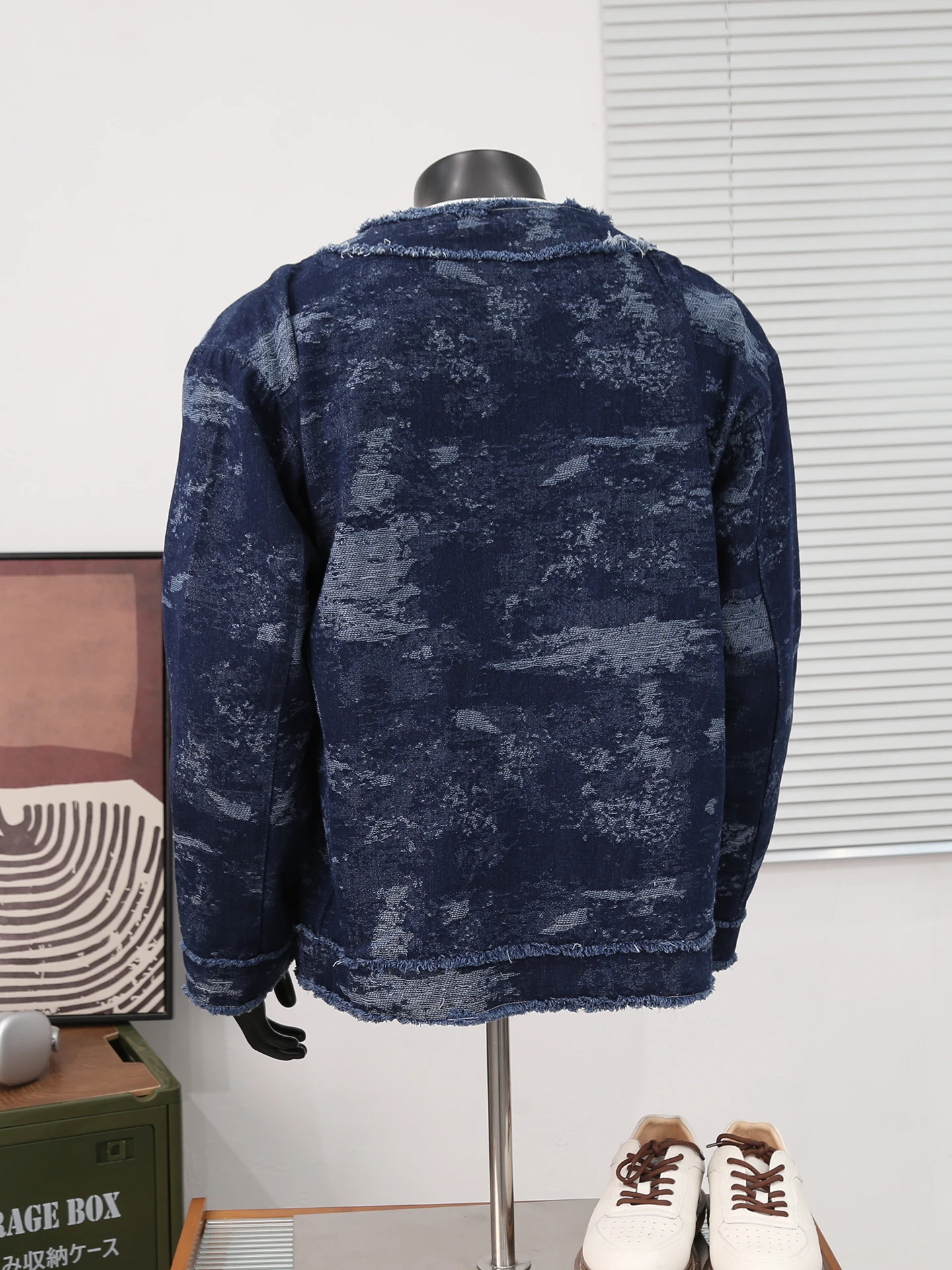 남성용 레트로 자카드 데님 재킷 봄 가을 일본식 라운드 넥 프레이드 재킷 캐주얼 패션 하라주쿠 스타일 블루 코트