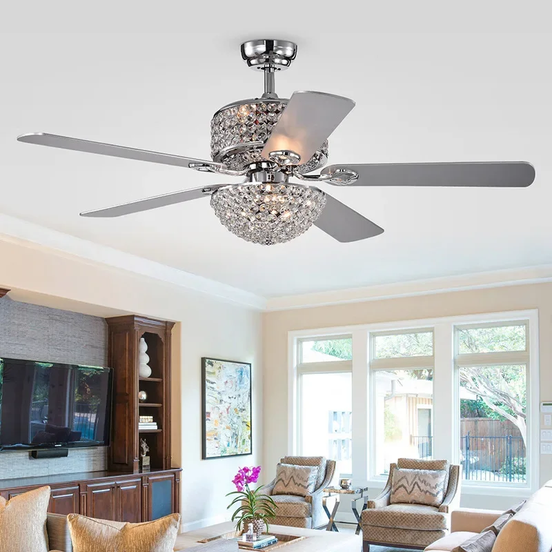 

52 Inch Crystal Ceiling Fan with Lights Chrome Chandelier Remote Control Reversible Wood Blades for Living Room Bedroom