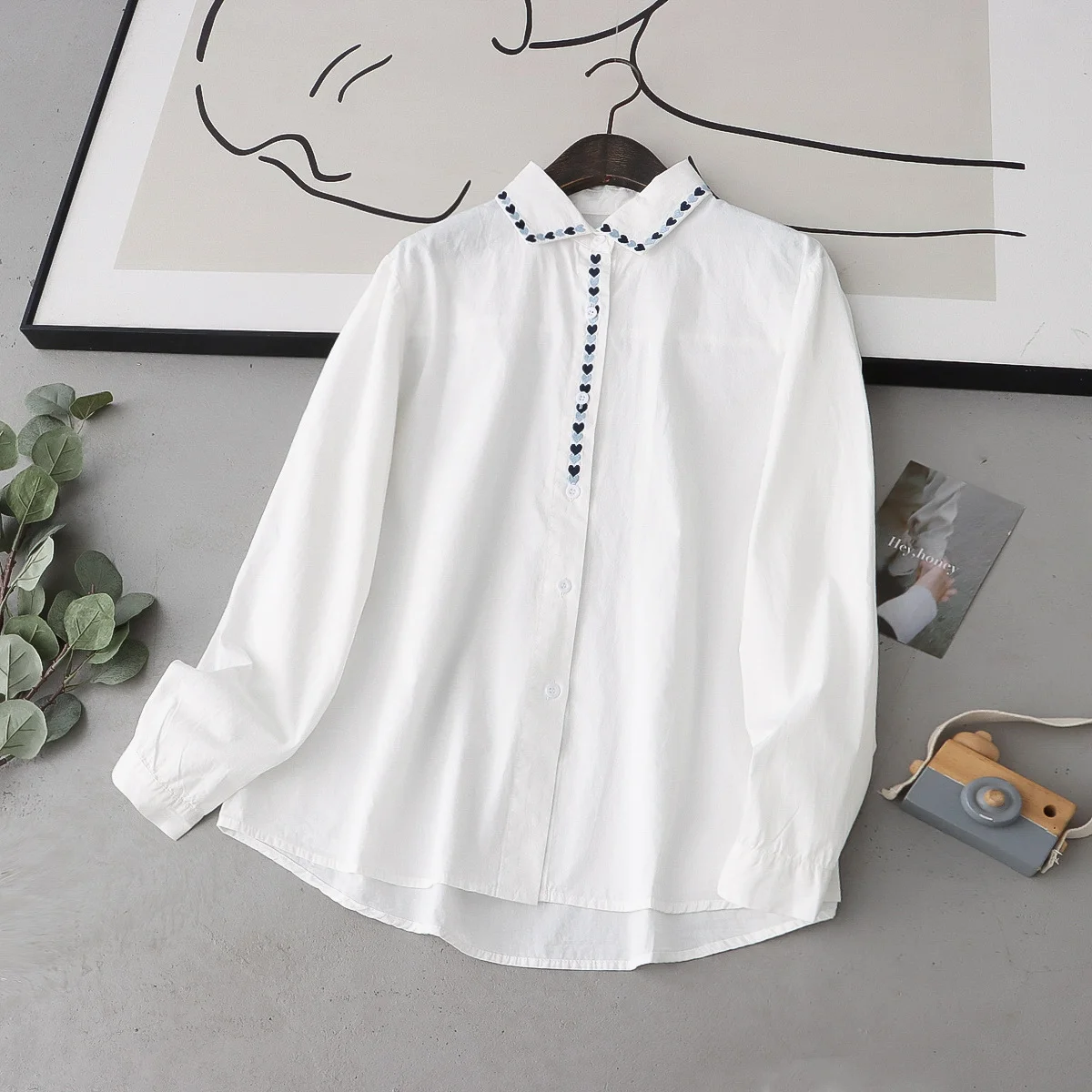 Fine elegant blouses for women autumn spring Japan style white heart-shaped embroider shirts women's cotton shirts