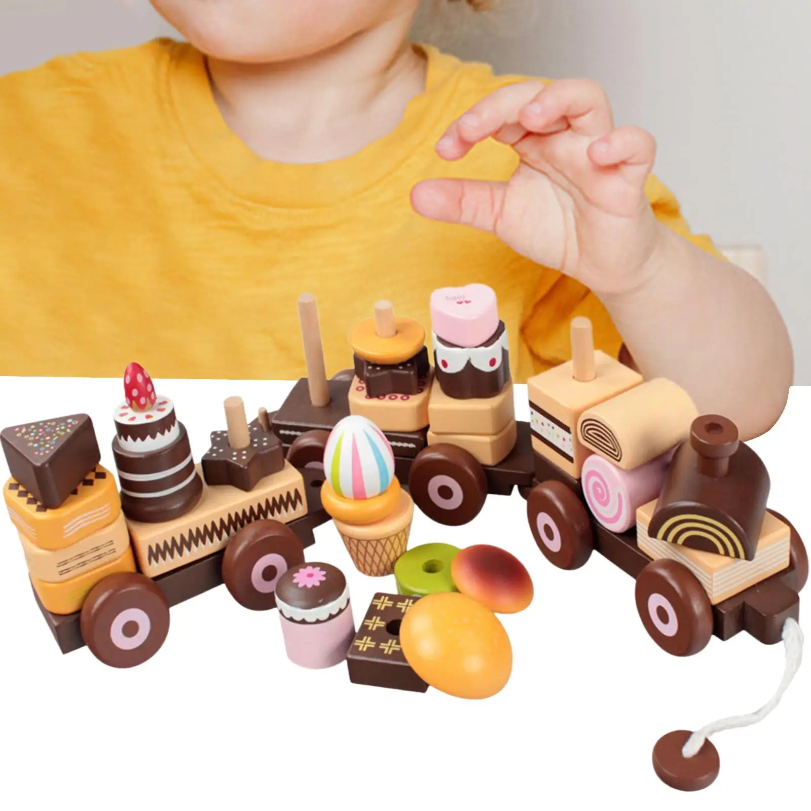 Hölzernes Zug-Kuchenspielzeug, Entwicklungsspielzeug, vorgeben, Lebensmittelzubehör für Kinder, Kinder, Geschenke, Partygeschenke im Alter von 3, 4 und 5 Jahren