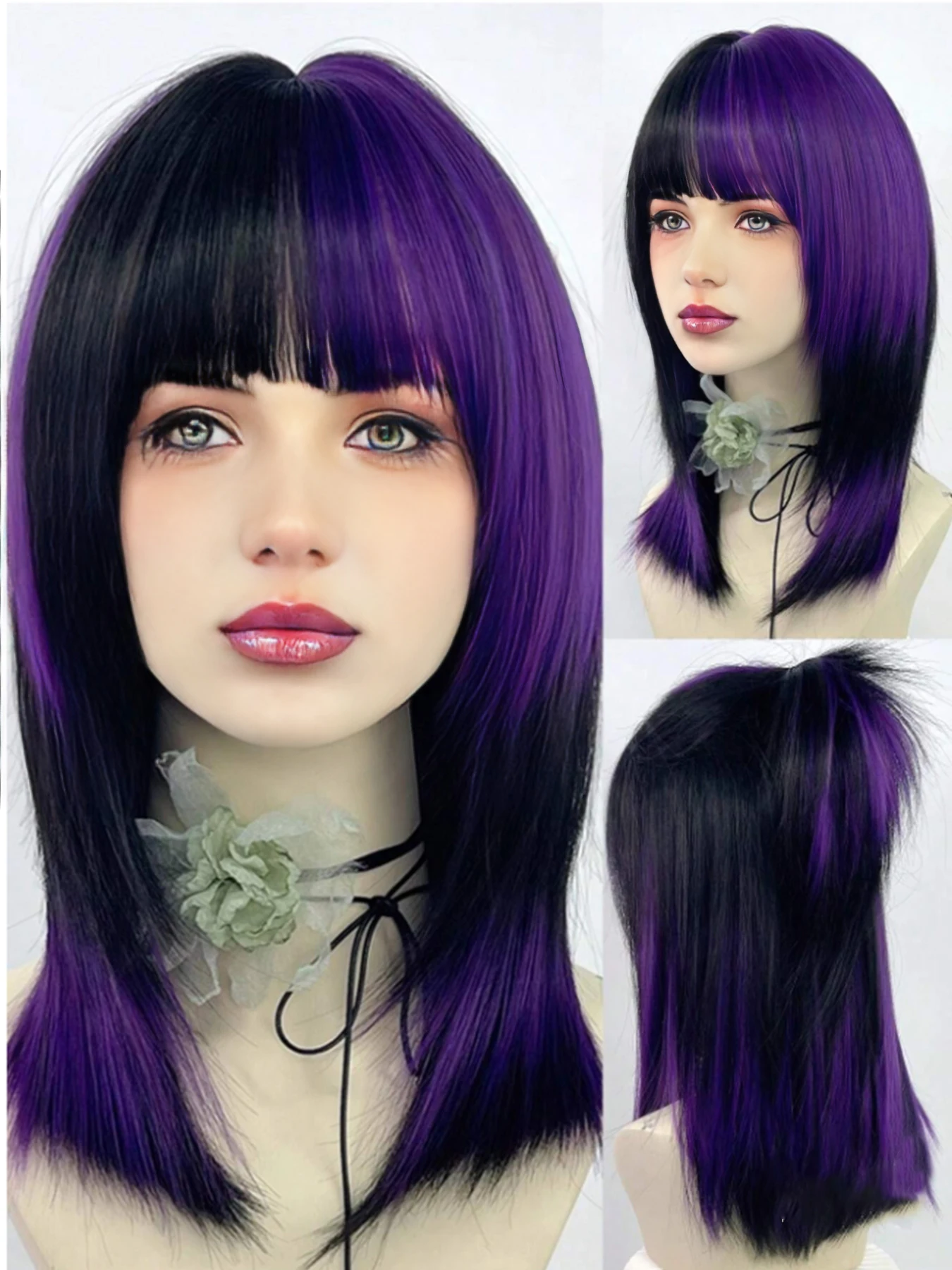 Synthetic Short Straight Green Black Layered Mix Wig With Bangs Women Fluffy Lolita Cosplay Hair Wig For Daily Party image 2