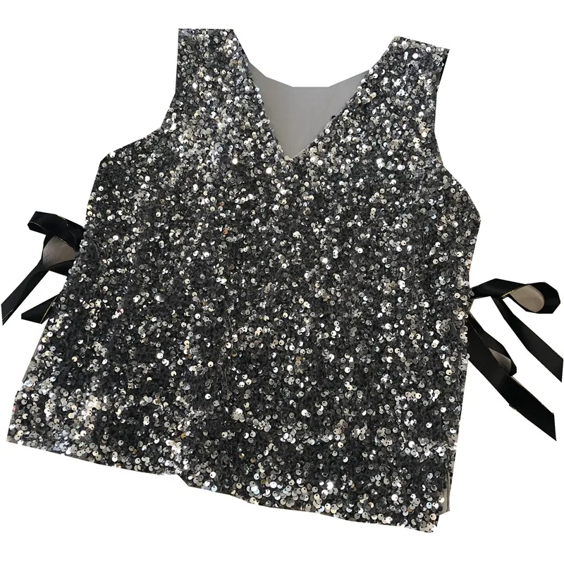 Imagem -05 - Colete de Lantejoulas Solto sem Mangas Feminino Vermelho Líquido Top Glitter Camisa da Moda com Fenda Renda Outono e Inverno 2023