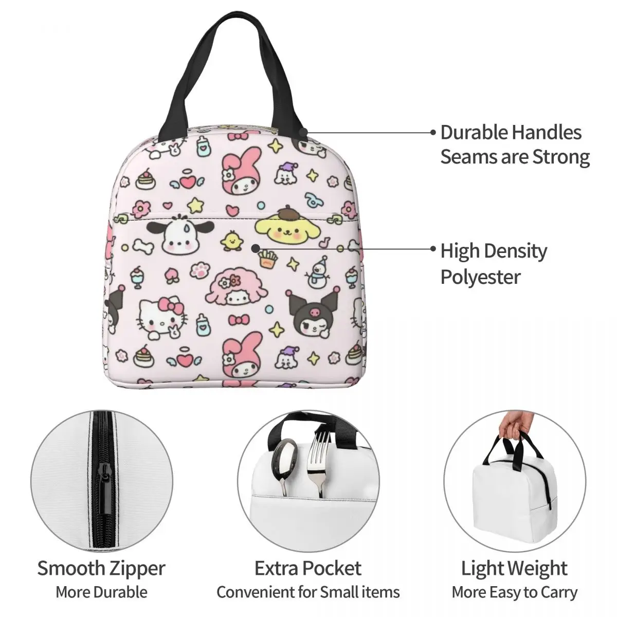 Kuromi Pochacco Pom Pom Purin Insulated Lunch Bag Large Cartoon Reusable Thermal Bag Lunch Box Tote College Picnic Food Bag