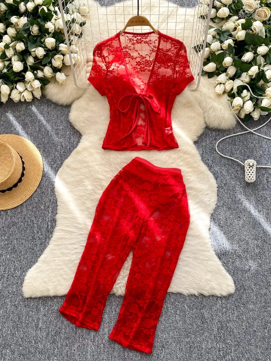 

Foamlina High Quality Mesh Tie Up Cardigan Top + Women Summer Sexy Pure Desire Hot Girl Capri Pencil Pants 2 Piece Set