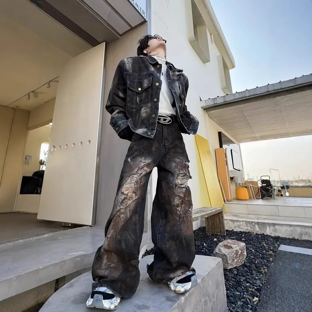 

American Retro Mud Dyed Dirty Washed Dirt Style Ripped Jeans Men's Korean Fashion Baggy Wide Leg Pants+denim Jacket Coats Y2k