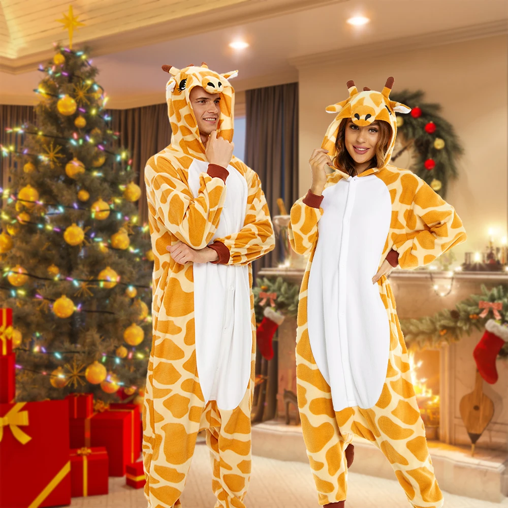 Giraffe One-piece Pajamas for Adult Unisex Christmas Cosplay Costumes Party Jumpsuit Winter Warm Hooded Onesie Homewear