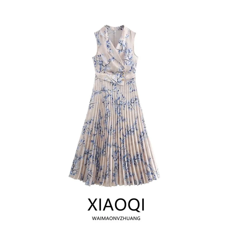 فستان صيفي 2024 نسائي متعدد الاستخدامات بتصميم زهري من الساتان، تنورة طويلة بدون أكمام، ياقة بدلة مطوية، فستان ماكسي أنيق وفاخر #5