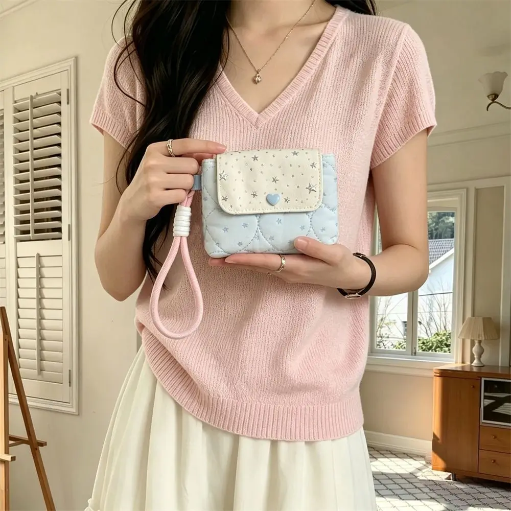 Snap Closure Quilted Star Glitter Card Bag Portable with Lanyard Canvas Card Holder Multiple Card Cute Small Storage Bag