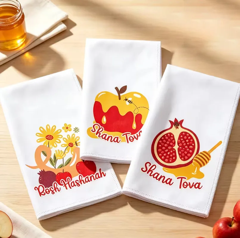 Rosh Hashanah Kitchen Towel, Absorbent Printed Dishcloth, Jewish New Year Gift, Apple Pomegranate Honey Holiday Souvenir