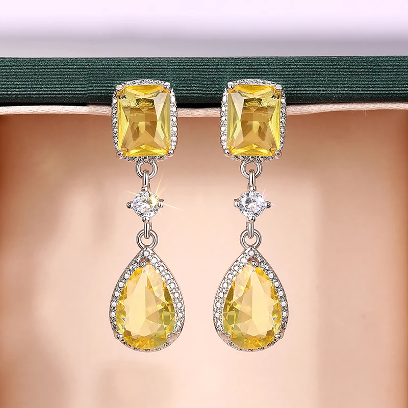 Huitan Gorgeous Yellow/Pink Cubic Zirconia Drop Earrings for Women New Temperament Elegant Female Accessories Fashion Jewelry