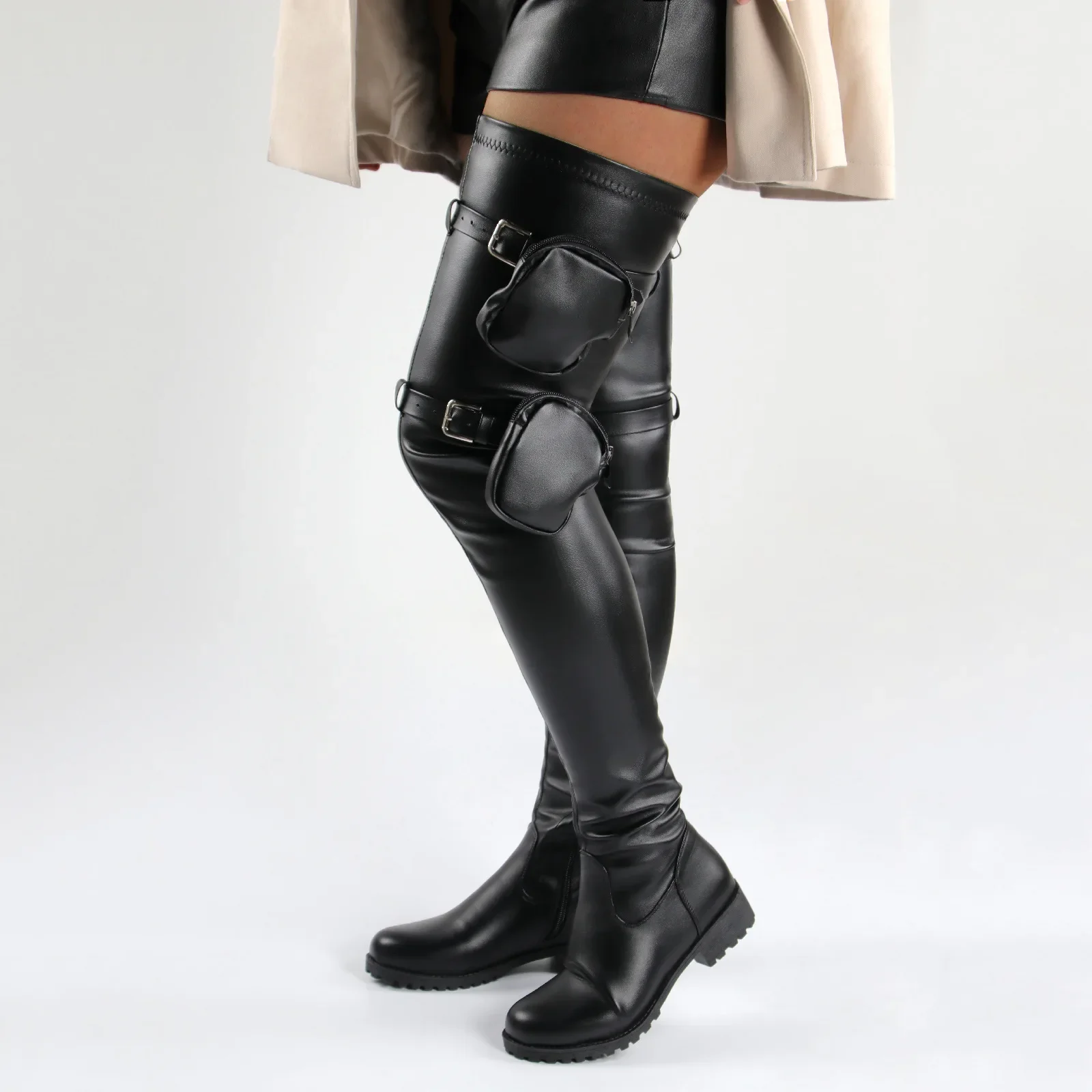 Plus size 46 women over the knee boots sexy runway round head chunky heels with bag motorcycle boots