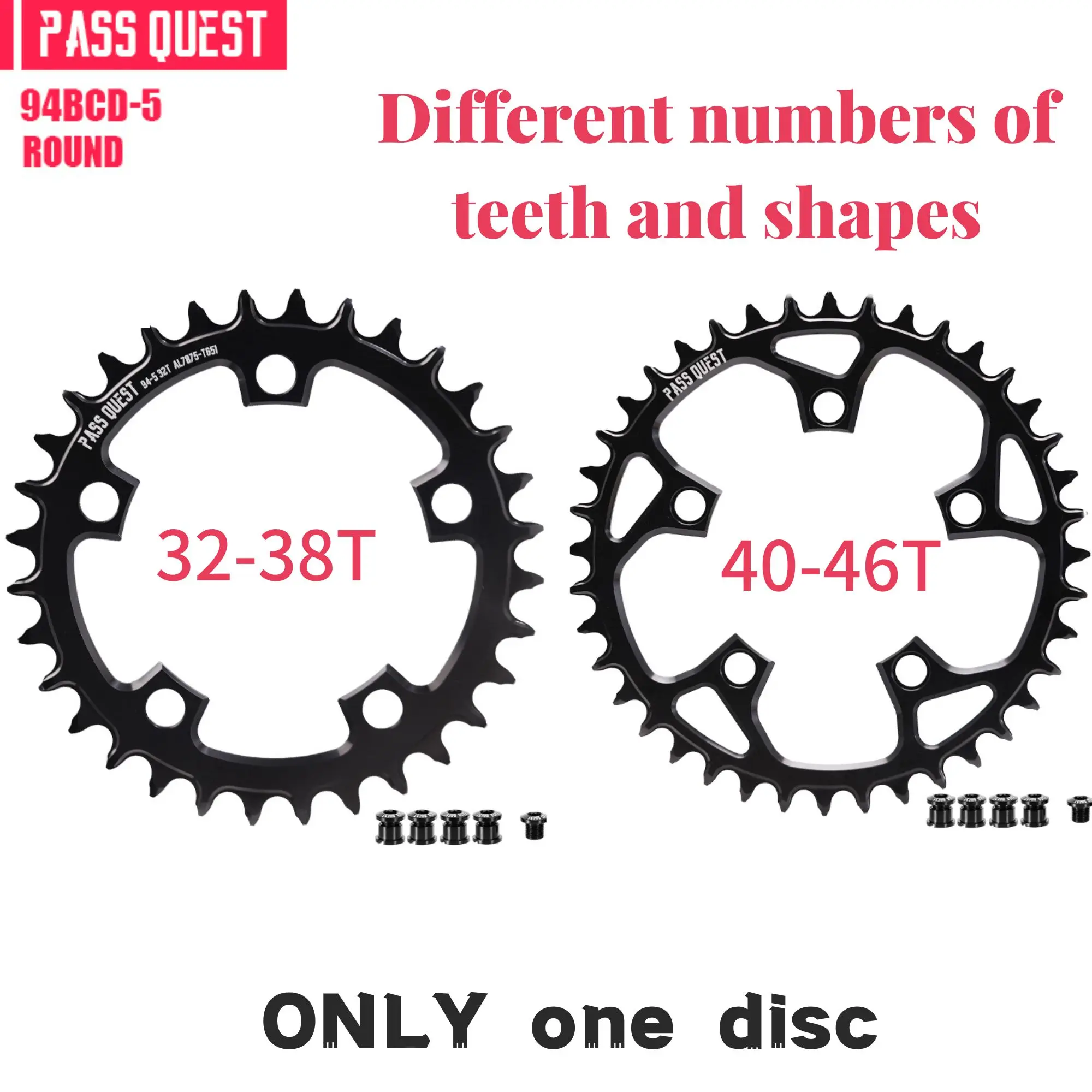 PASS QUEST 94 bcd chainring 5 bolt ROUND Narrow Wide Chainring 32/34/36/38/40/42/44/46T 10/11/12 speed for5 Claw Crank Bikeparts