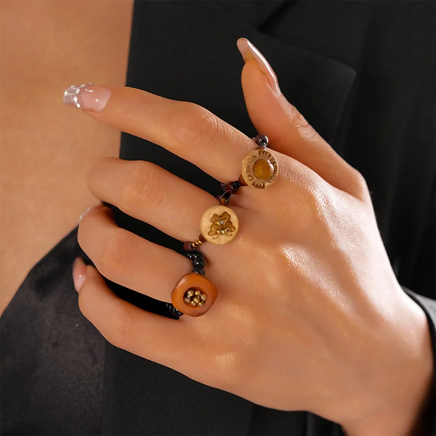 Vintage Wooden Rings for Men Women Butterfly Square Round Shape Elastic Rings Knuckle Joint Ring Ladies Fashion Finger Jewelry - Image 2