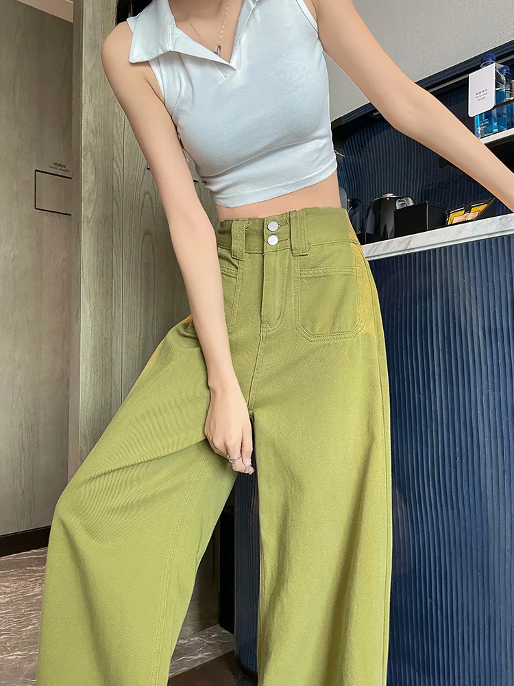 Summer Womens Jeans High Waist Green Korean Fashion Streetwear Straight Pants Baggy Casual Vintage Ladies Wide Leg Denim Trouser