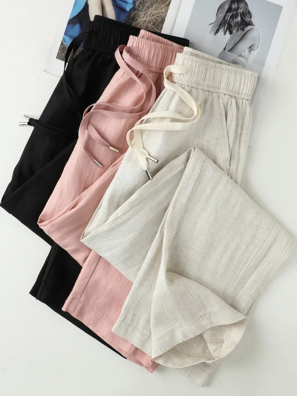   Pantalon à jambes larges en lin pour femmes, nouvelle collection été 2025, taille élastique fine, faux soie glacée, pantalon à jambes droites, décontracté, taille haute L...