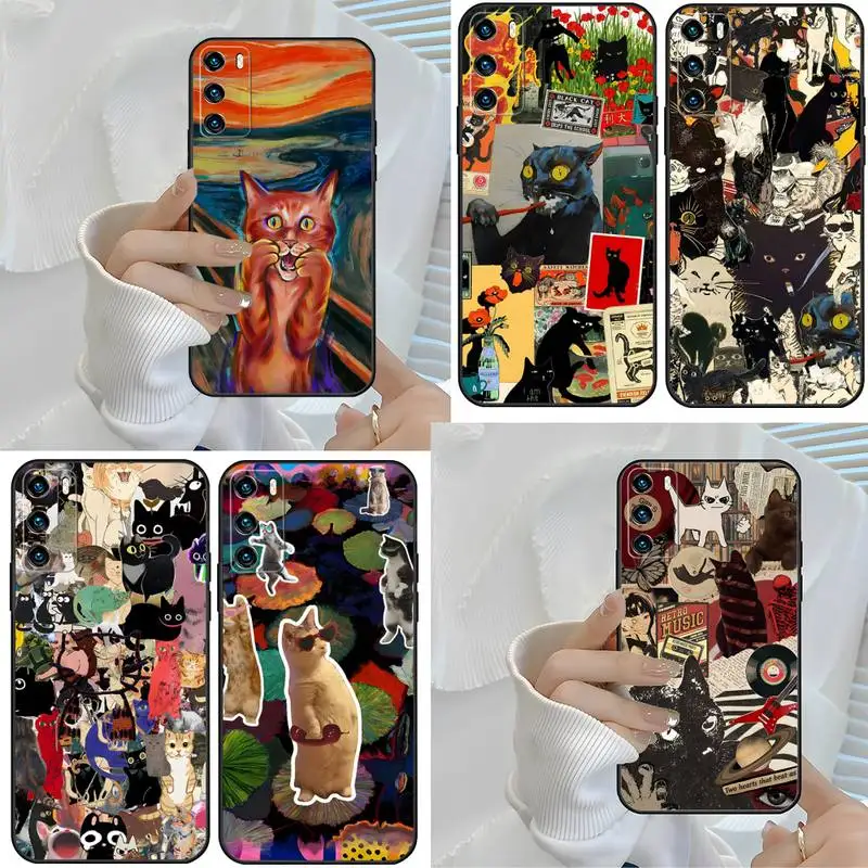 

Fun Cat Art Phone Case For Huawei Mate 50 10 20 30 40 Pro Lite Nova 7 6 5 4 3 Se 5G 4e 3e 3i 2s Funda Shell Cover Softcase