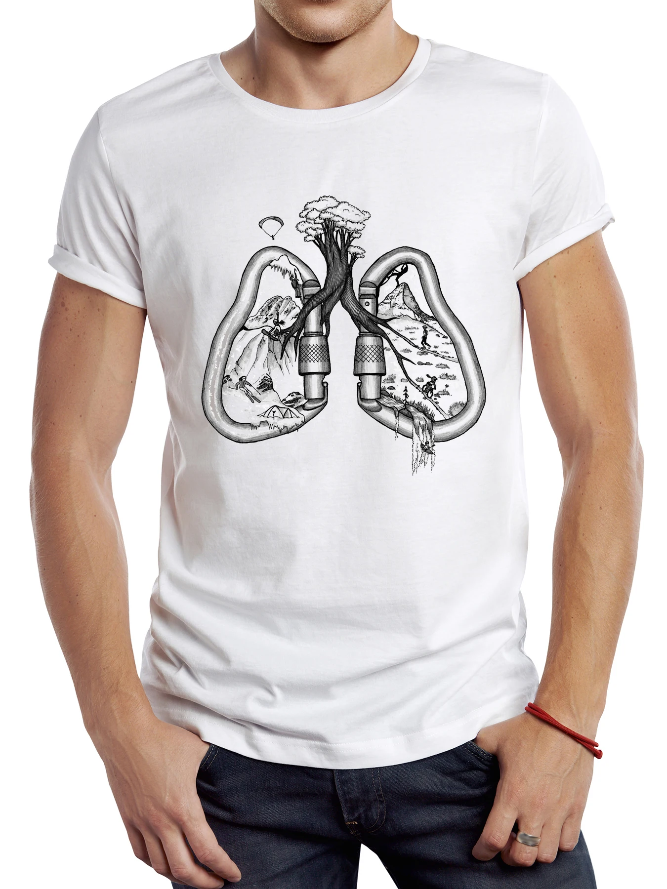 

FPACE Vintage Lungs with Trees and Mountains Printed Men T Shirt Male Climbing Tops Hipster Retro Carabiner Rock Tee Shirts