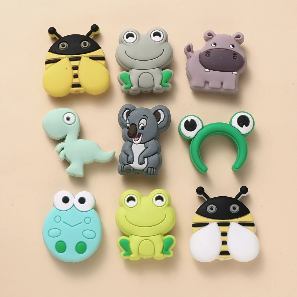 10Pcs Mini Animal Silicone Teether Beads Cartoon Frogs Bee Beads For Jewelry Making DIY Plastic Beaded Pen Keychain Bracelet