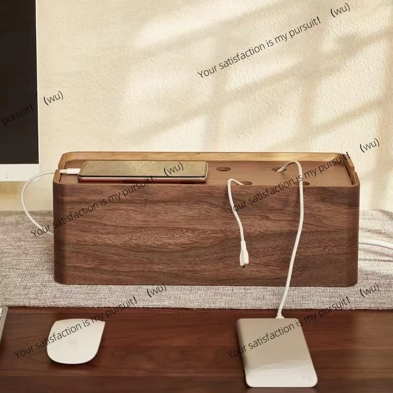Wooden plug-in board storage box desktop wire finishing storage wire power strip socket power cord management