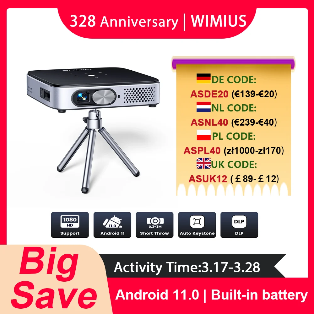 WiMiUS Mini Projector Android 11.0 DLP Projector Rechargeable Ultra Short Throw WiFi Bluetooth Projector FHD 1080P Support