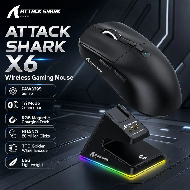 ATTACK SHARK X6 Wireless Gaming Mouse PAW3395 26000DPI Tri Mode RGB Magnetic Charging Dock Ergonomic Rechargeable For PC Laptop