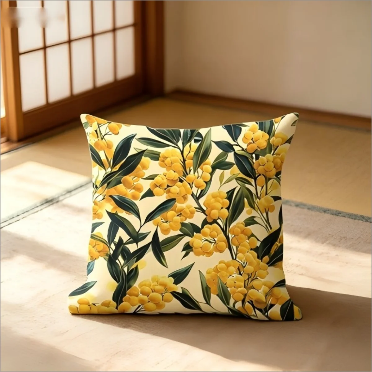 Yellow Mimosa Floral Throw Pillow Cover, Botanical Leaf Print, Spring Nature Decorative Pillow Case for Home