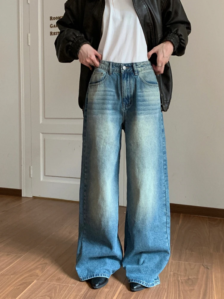 REDDACHiC Women Distressed Wide Leg Denim Pants Vintage Wash Whiskers High Waist Straight Baggy Jeans Boyfriend Casual Clothes