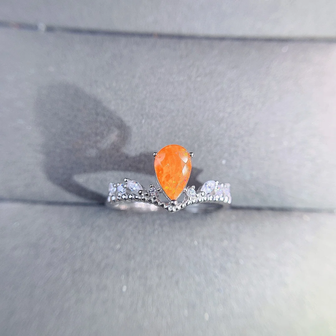925 Sterling Silver Engagement Promise Ring Pear Natural Opal Crown Ring Orrange Opal Women's Ring